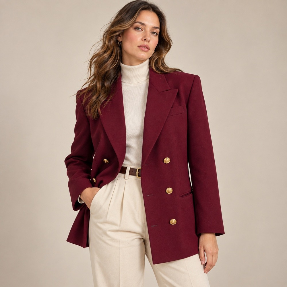 Talbots Blazer Women 12P Burgundy Wool Double Breasted Gold Crest Vintage Preppy